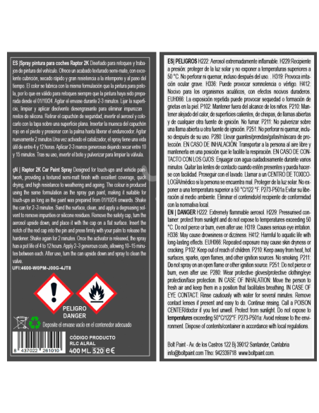 Spray Bolt Pintura Raptor 2K Colores Ral 400 Ml