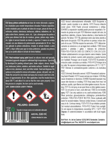 Spray Bolt Pintura Anticalorica Negro 600ºc 400 Ml